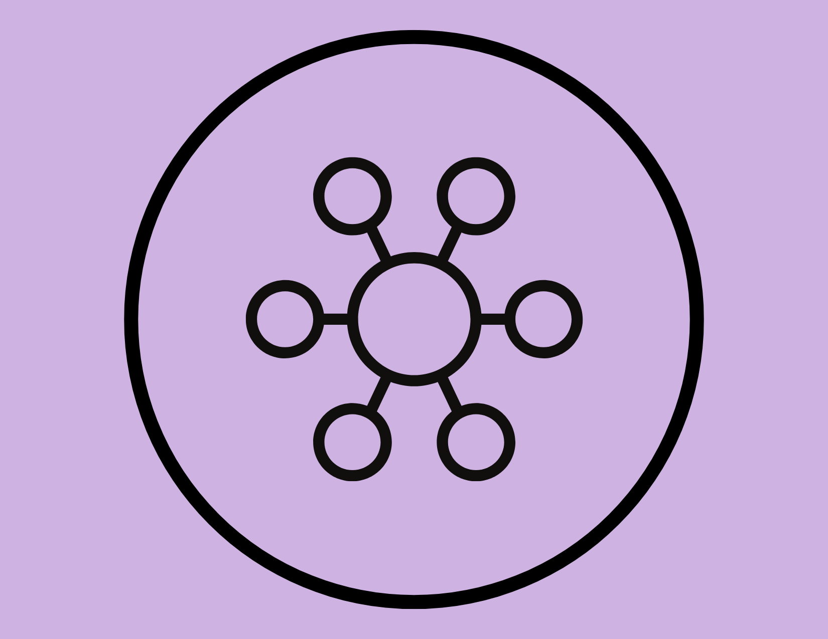 Line drawing of a central circle with lines connecting to smaller circles, representing a network or molecule, on a purple background.
