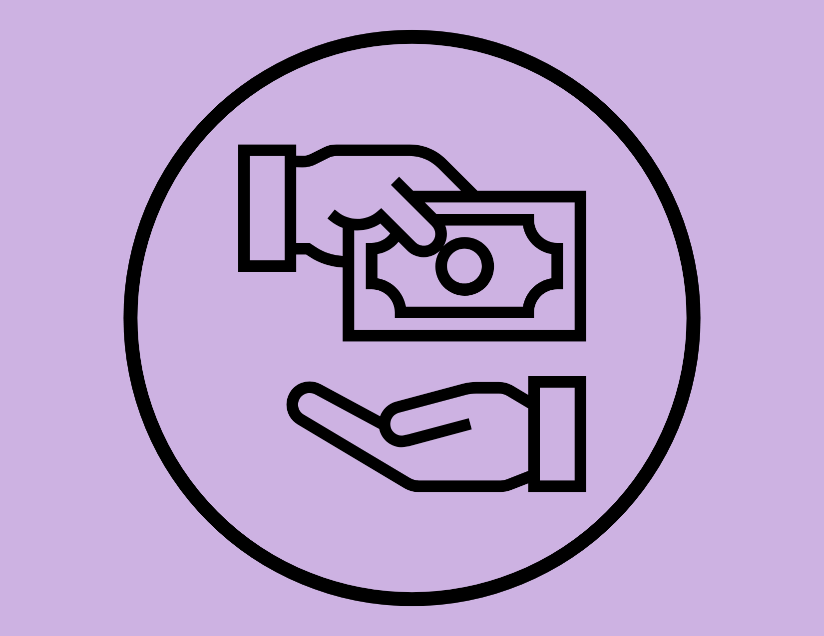 Outline of a hand holding a dollar bill inside a circle, with a second hand below, representing exchange or donation.
