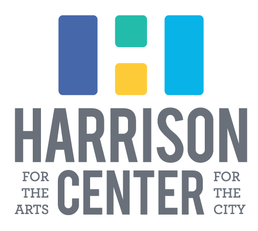 Logo for Harrison Center for the Arts and the City with stylized vertical bars in blue, green, yellow, and teal.