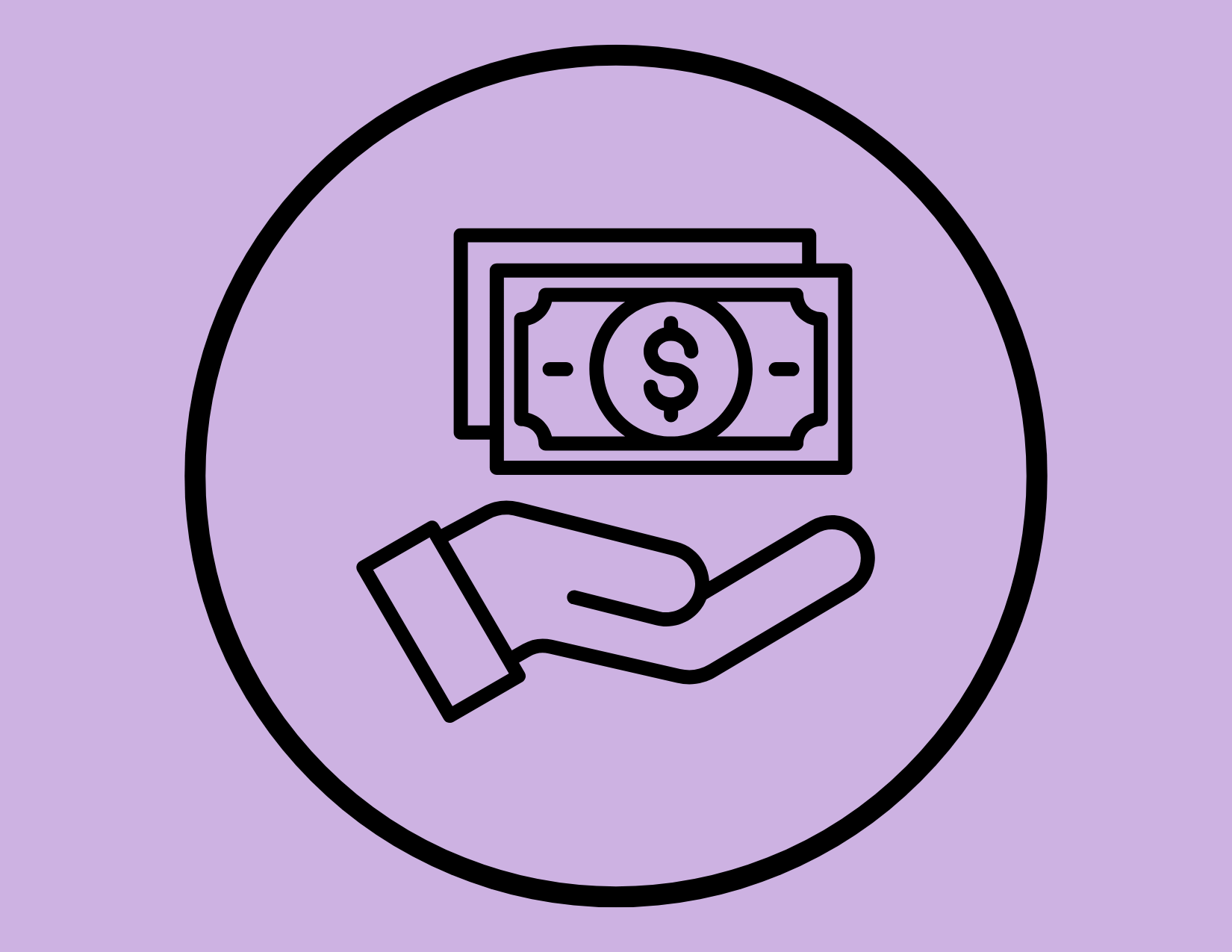 Line drawing of a hand holding money with dollar bills above it, set against a purple background.