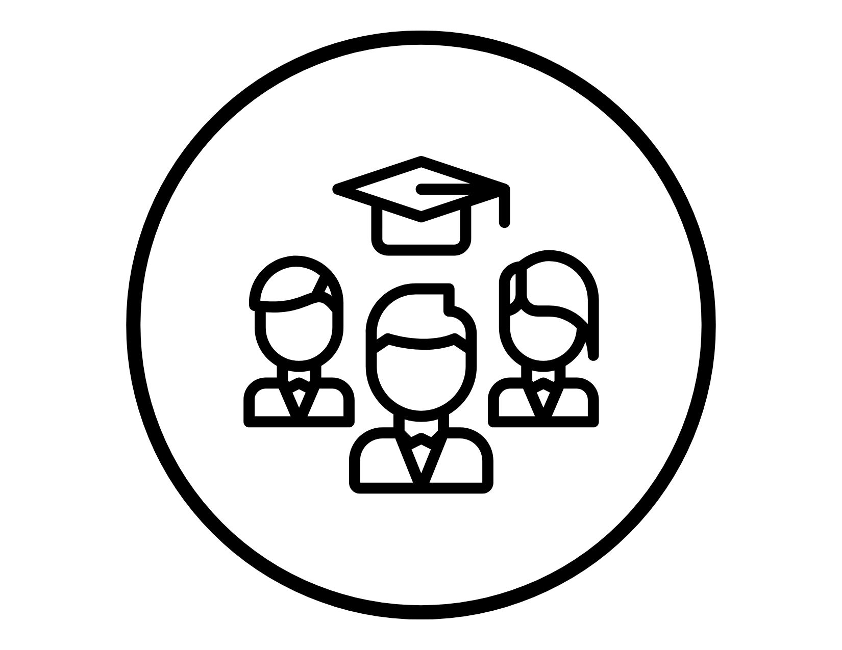 Line drawing of three people in business attire with a graduation cap above, inside a circle.