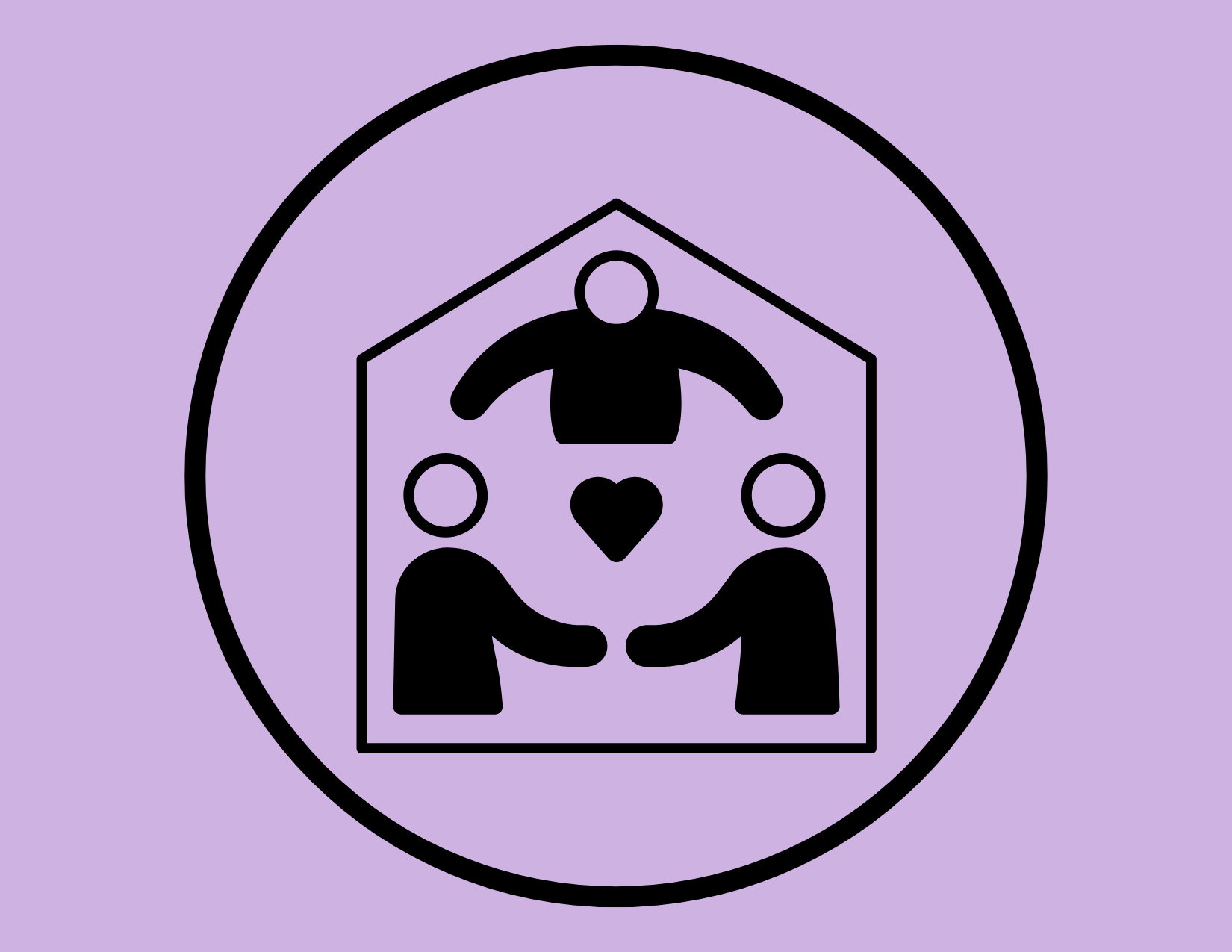 Icon representing support and care with two figures, a house shape, and a heart, on a purple background.