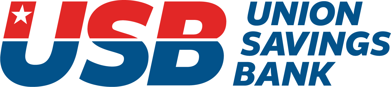 Logo for USB Union Savings Bank, featuring a stylized 'USB' with a red star inside the 'U' and bold red and blue text.