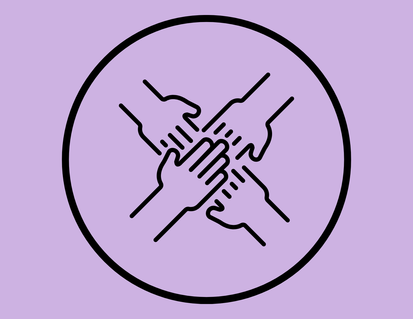 Outline illustration of multiple hands playing tug of war on a purple background.