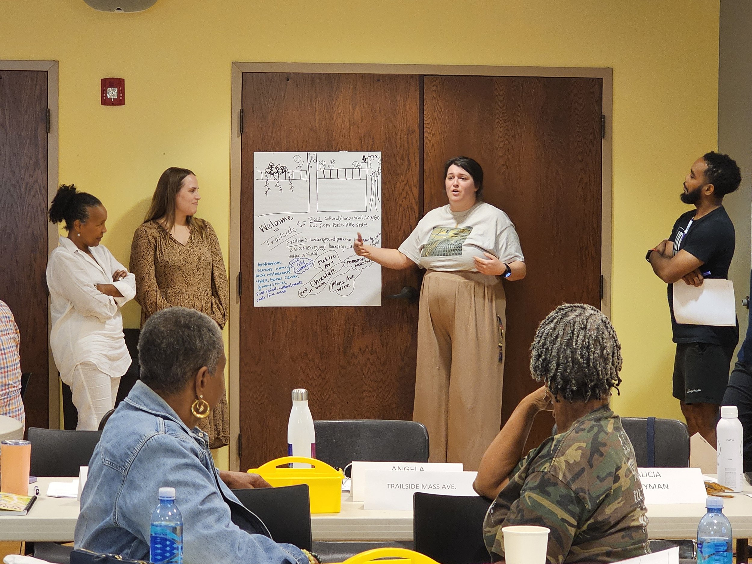 A woman presents at a meeting, standing in front of a crowd, next to a large poster with notes. Four other women are seated at the table, some taking notes or listening attentively.