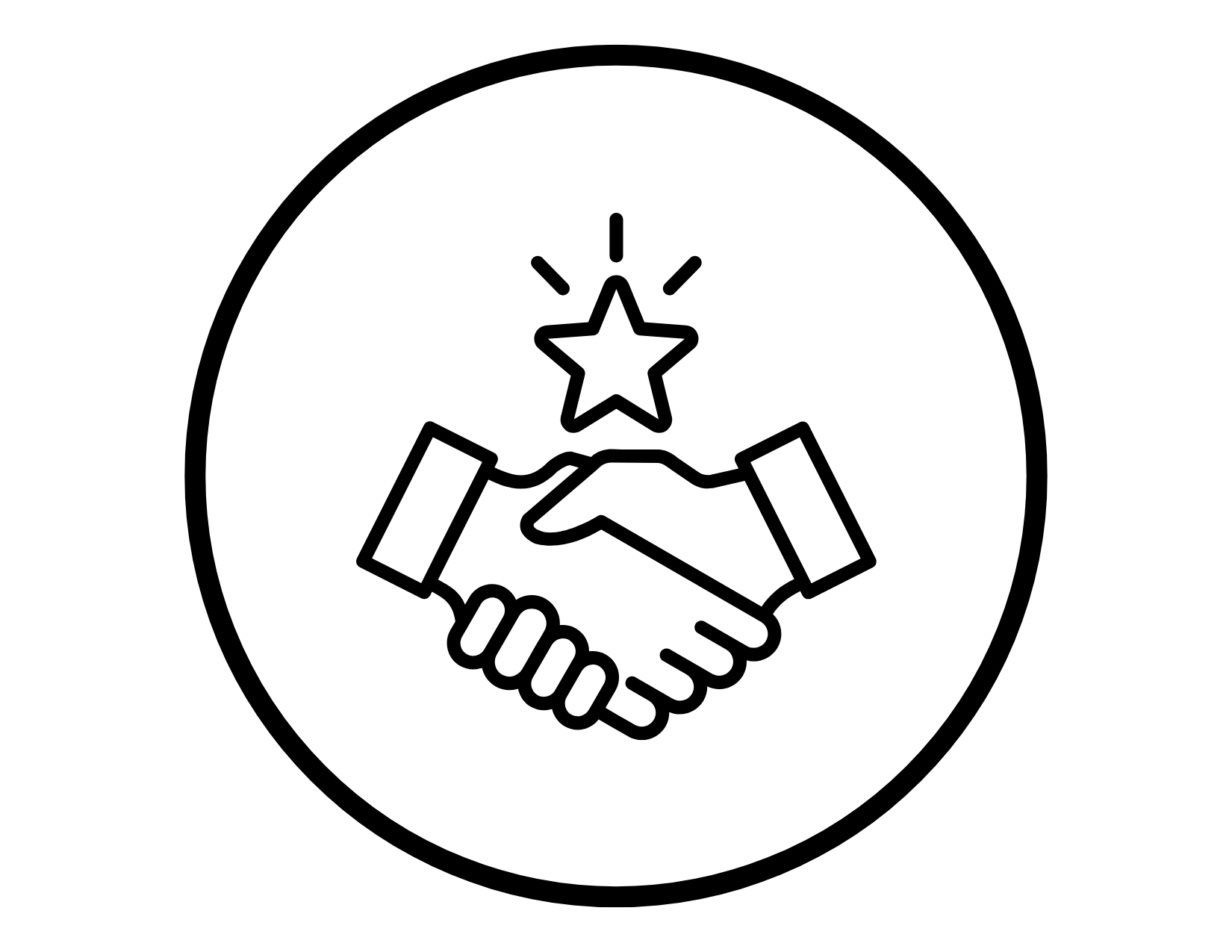 Line drawing of two hands shaking with a star above them, surrounded by a circular border.