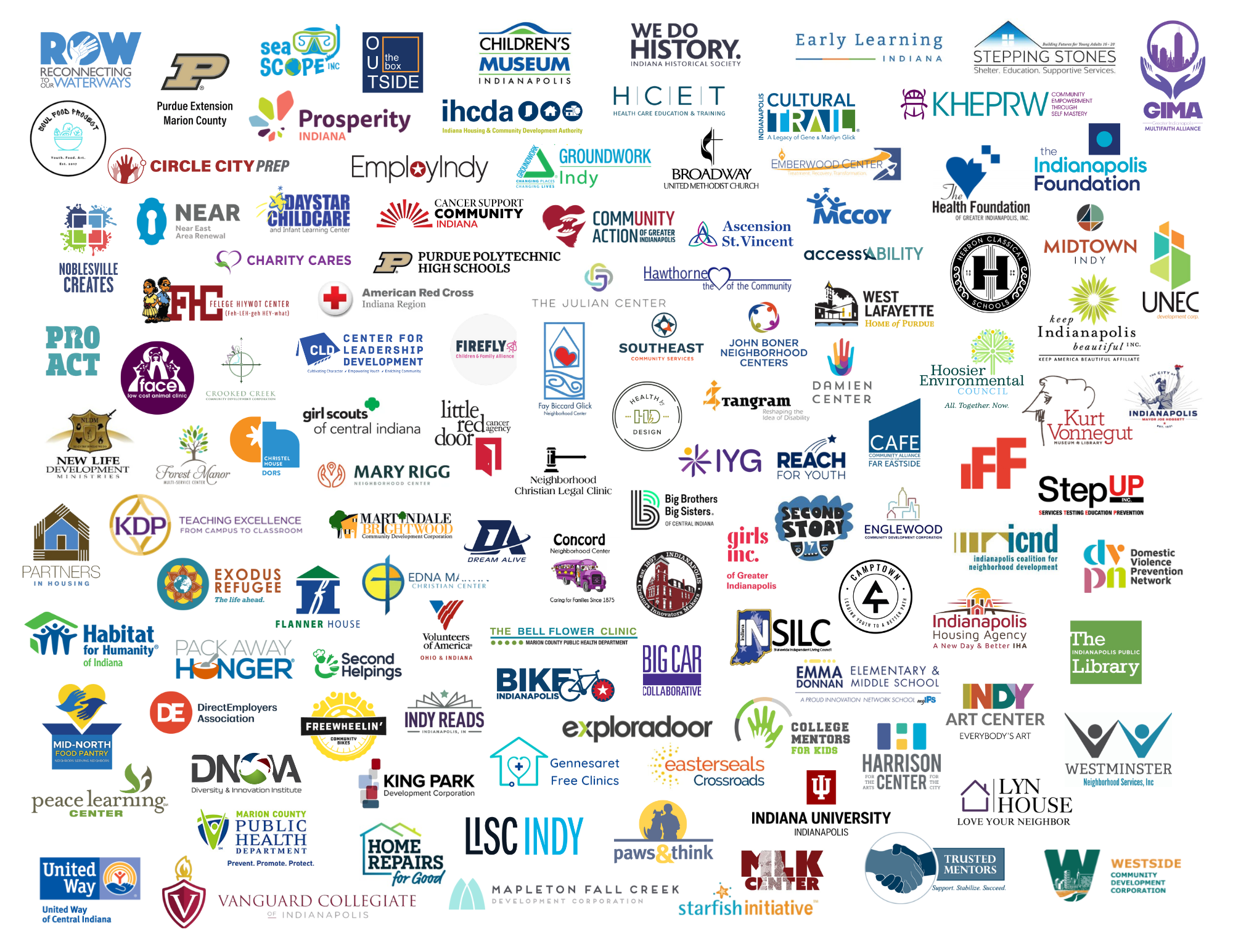 A collage of logos representing various organizations, nonprofits, and community groups in Indianapolis, Indiana.