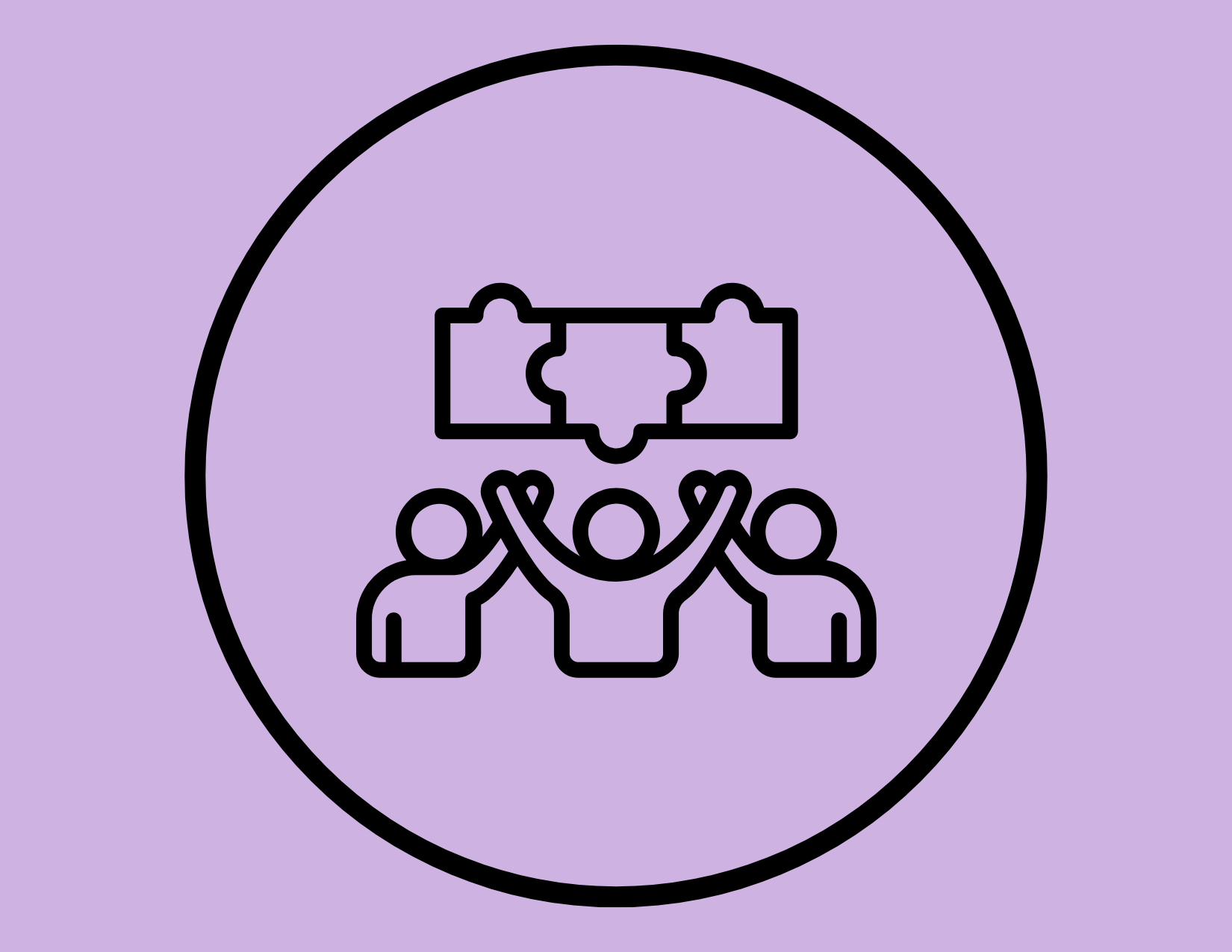 Outline icon of three people holding hands beneath a rectangular banner with a bear paw print, inside a circle on a purple background.