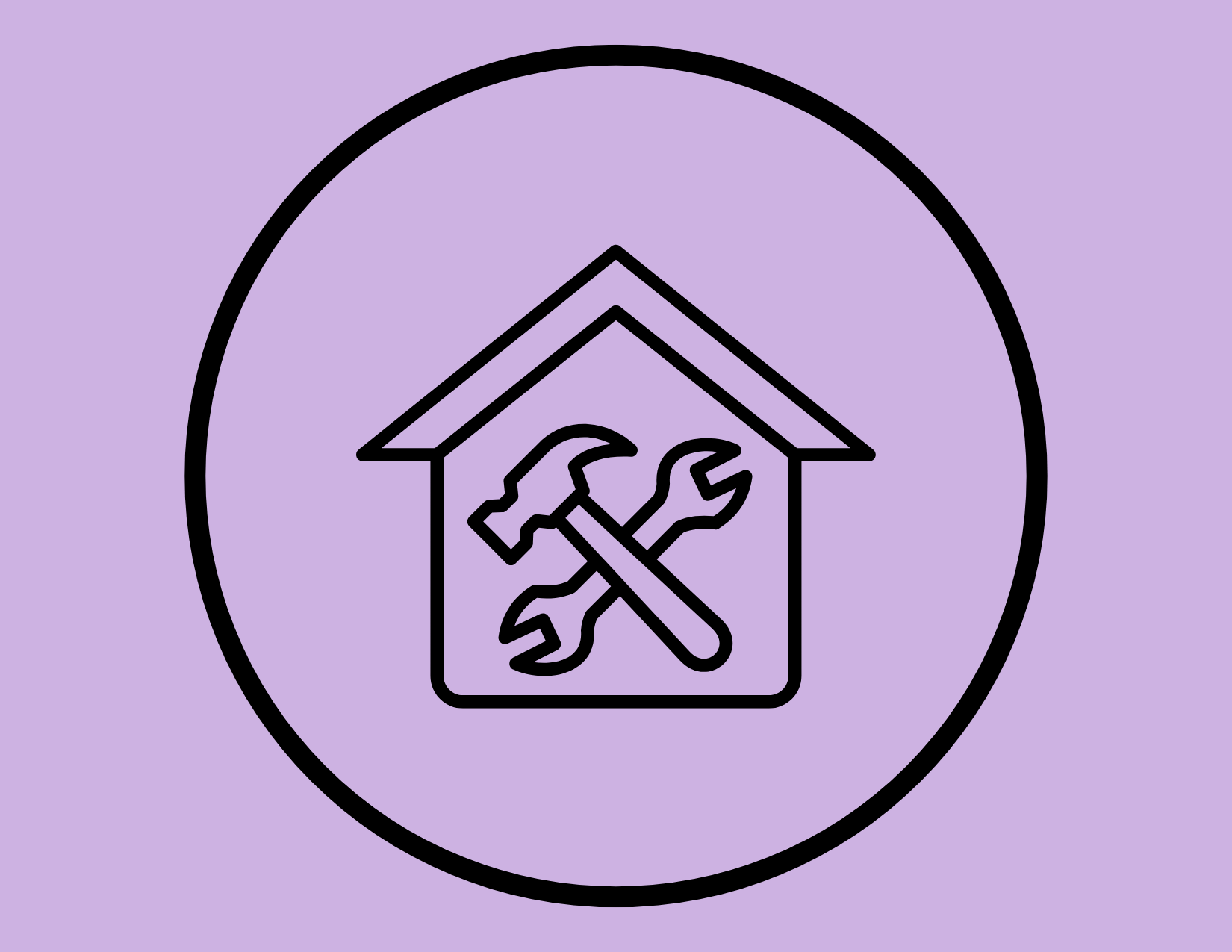 Outline of a house with a wrench and screwdriver crossed inside, enclosed in a circle on a purple background.
