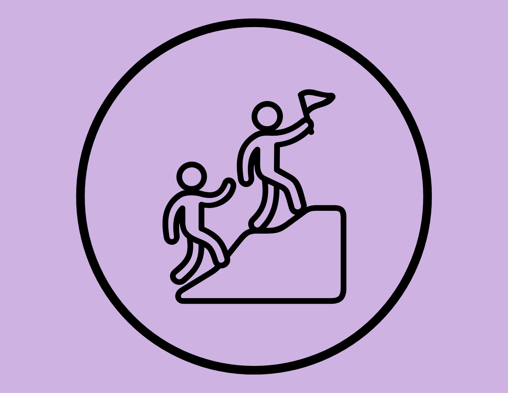 Outline drawing of two people climbing a mountain, one at the front holding a flag, within a circular border on a purple background.