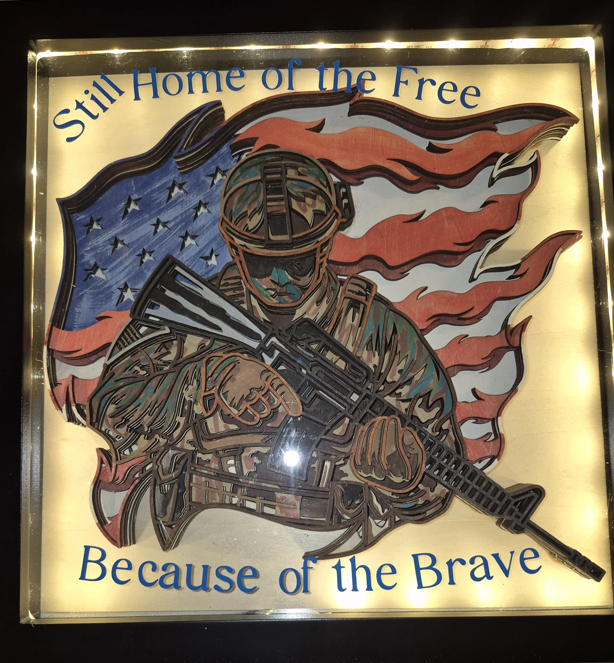 Personalized American Soldier Shadow Box with LED lights, 3D Layered Military Wall Art, Custom Name Patriotic Gift, 12x12 Lighted Frame