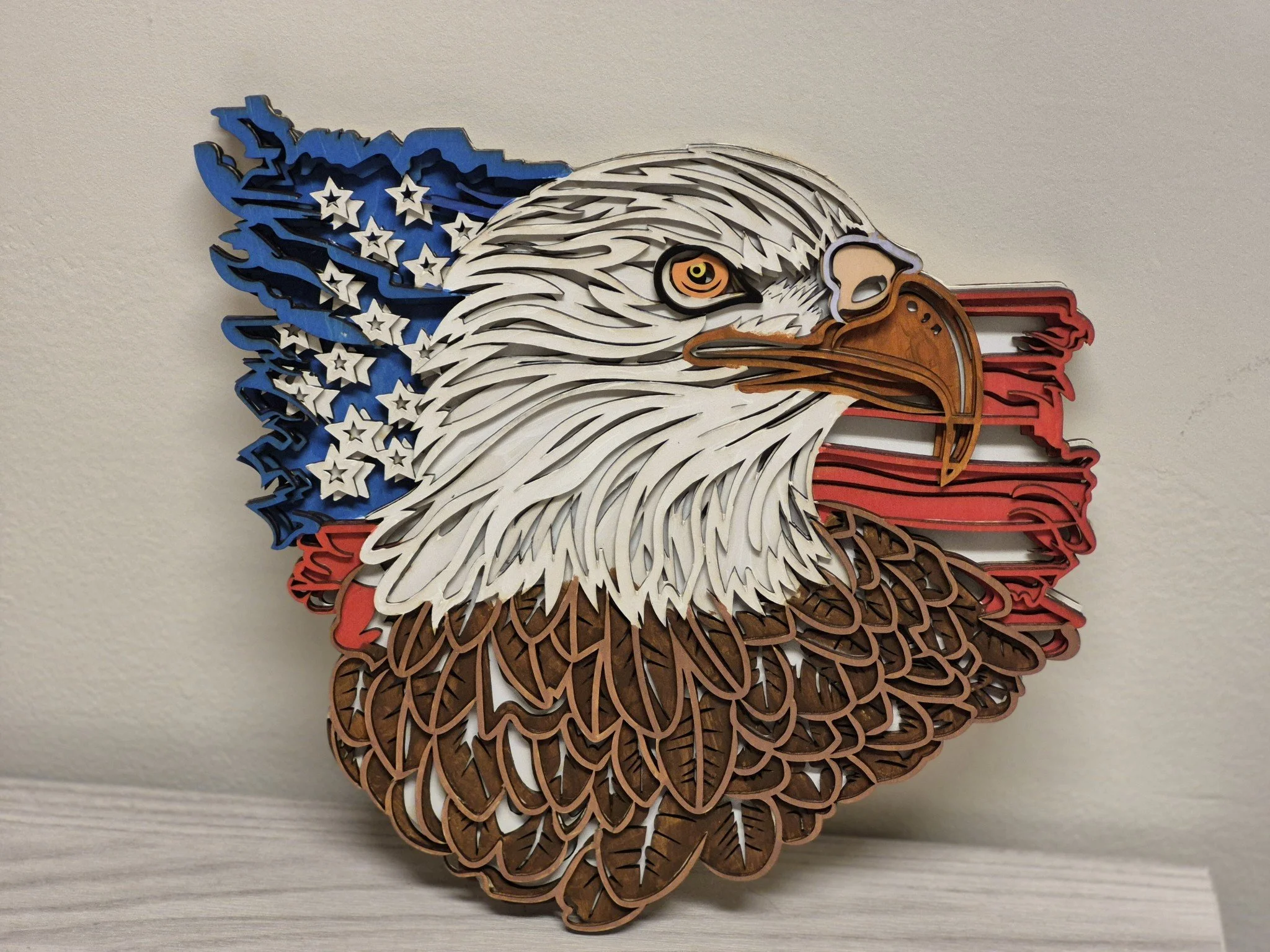 Layered Bald Eagle on American Flag Wall Art, 3D Patriotic Wooden Decor, Hand Painted Eagle head, USA Flag Wall Hanging