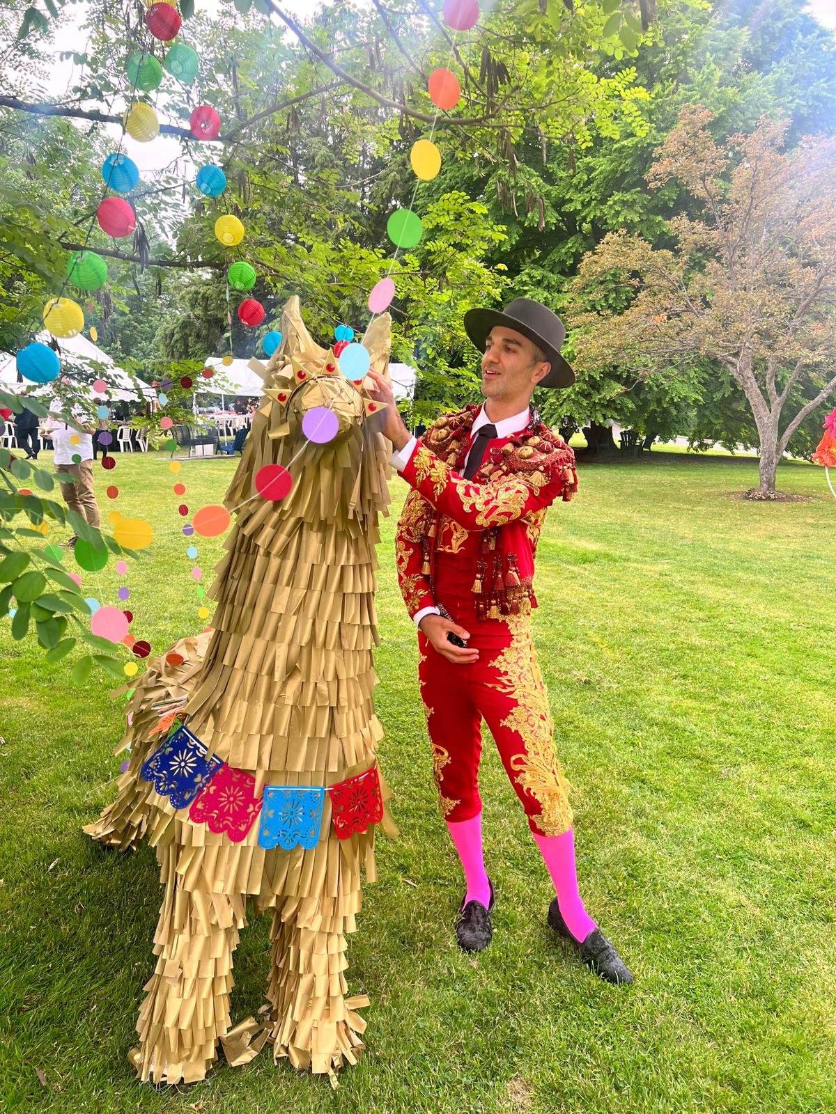 A man dressed in a colorful, traditional matador-style costume with pink socks, a black hat, and a red and gold embroidered jacket, standing outdoors on a grassy field. He is touching a piñata shaped like a llama, made of fringed paper. Colorful pape