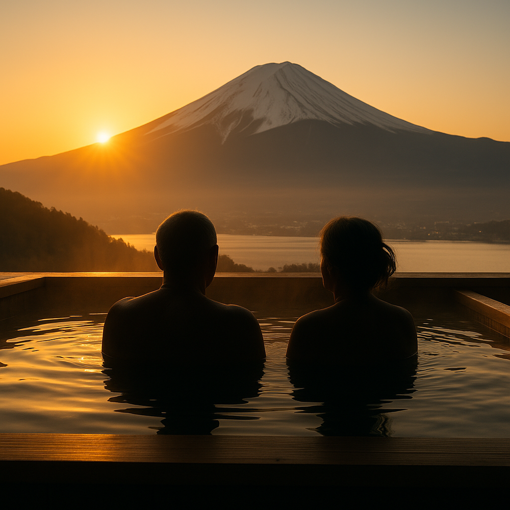 Onsen bath overlooking Mount Fuji in Japan