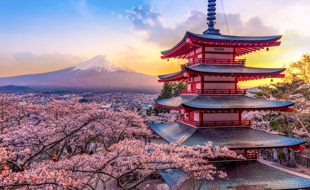 Chureito Pagoda and Mount Fuji at sunrise