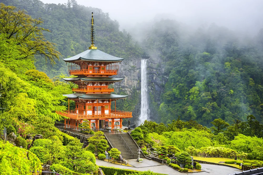 Pagoda and Nachi Falls in Japan’s Kumano region