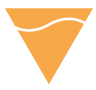An orange and black downward-pointing triangle with a curved black line passing through the middle.
