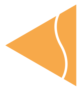 An orange triangular shape with a black curved line cutting through it.
