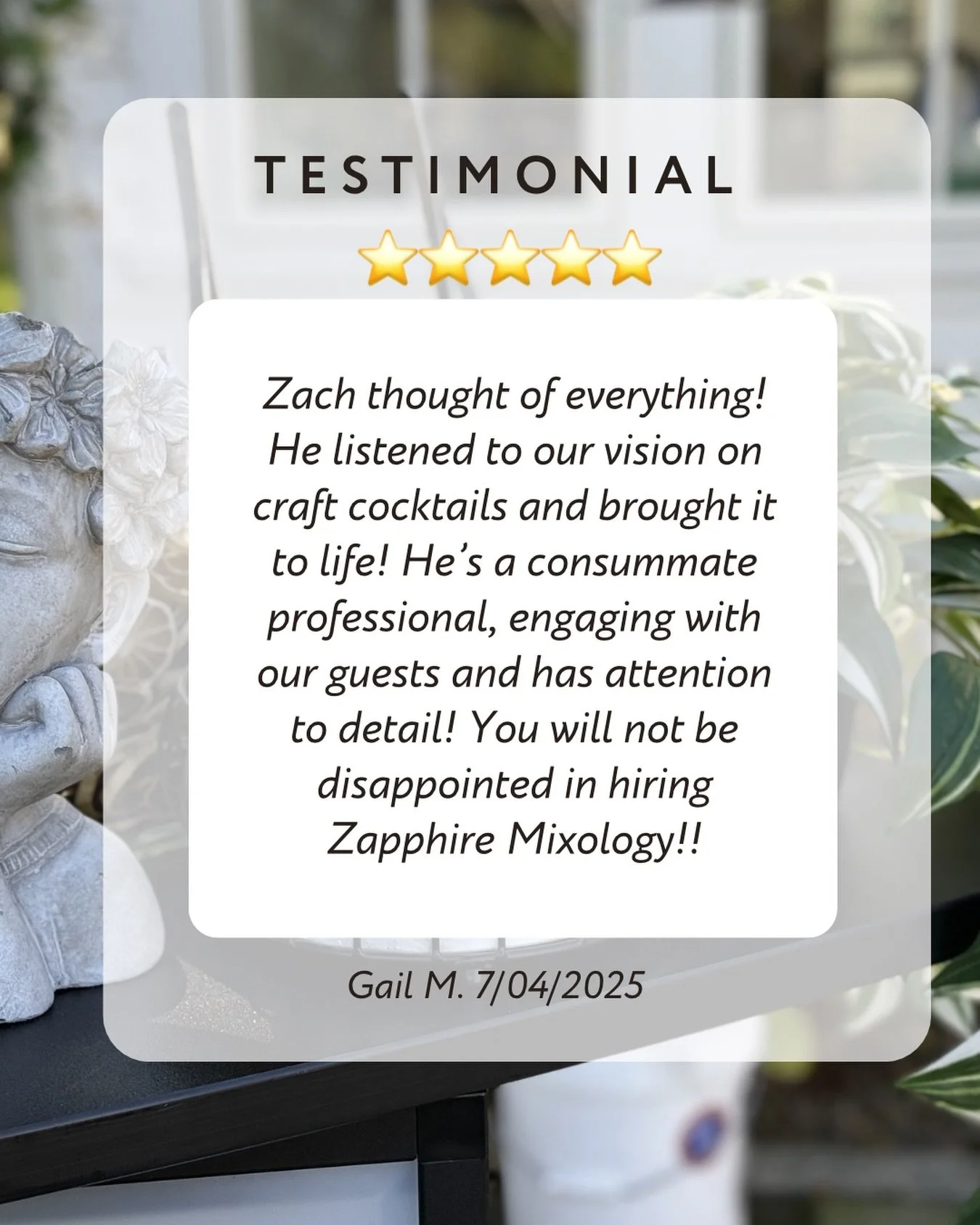 Let Zapphire Mixology bring the good vibes and energy to your next event! Whether it&rsquo;s a graduation party, wedding, baby shower or just a party - we&rsquo;d love to party with you!! 

We are so grateful for all of our clients, friends and famil