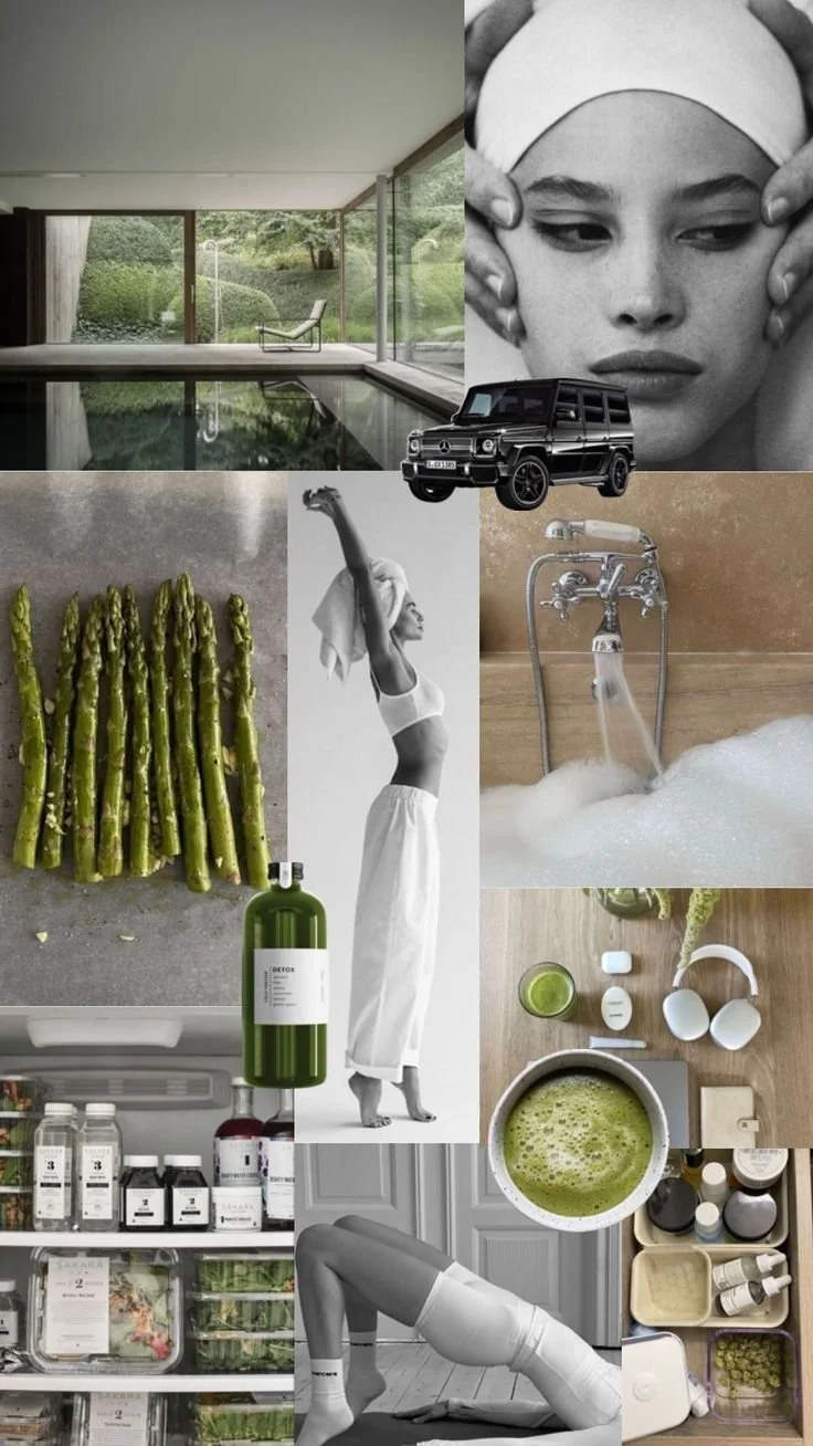 A collage of images including a modern indoor swimming pool, a black Mercedes G-Class vehicle, fresh asparagus spears, a woman stretching and meditating, a bathtub with running water, a green detox bottle, a variety of health supplements, several jars and bottles on a shelf, a woman doing yoga, and a green smoothie surrounded by health items.