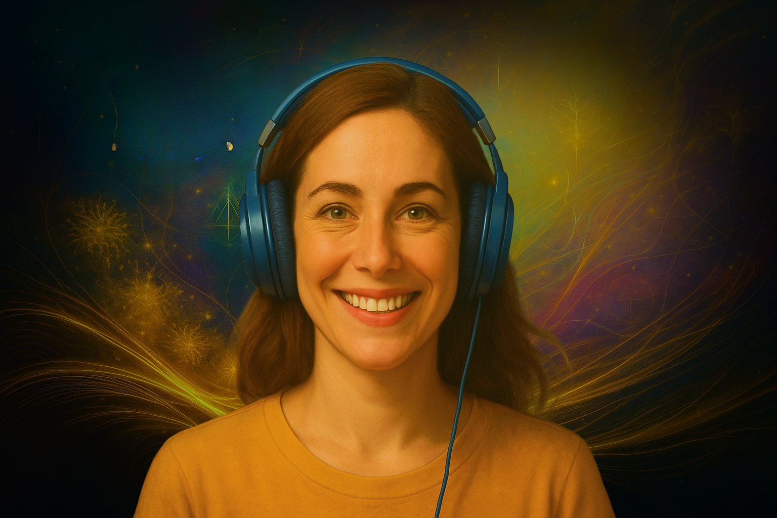 Smiling woman in blue headphones with golden swirls evoking transformation.