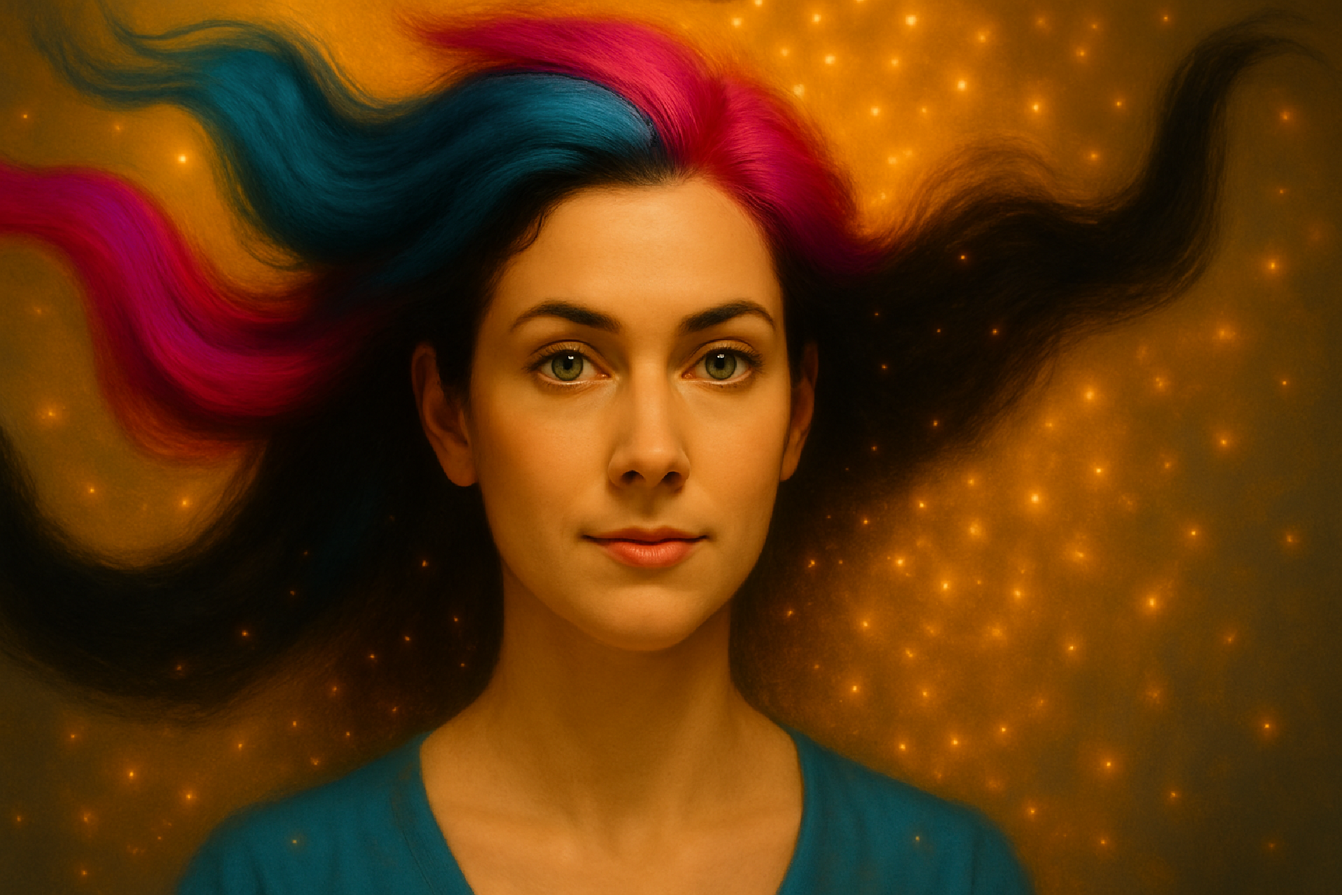 Woman with vibrant pink and teal hair, surrounded by golden light