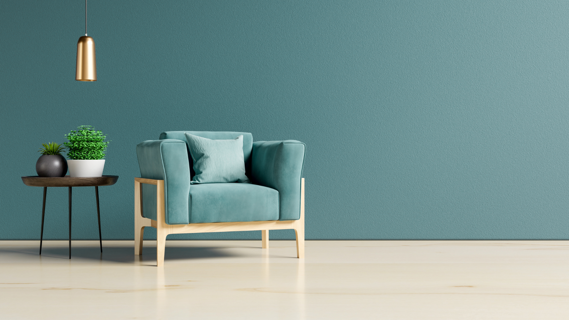 Empty armchair in a calm teal-toned room