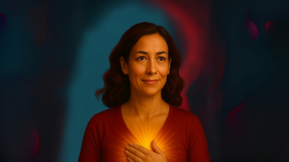 Woman with hand over her heart radiating golden light, against a swirling red and blue background