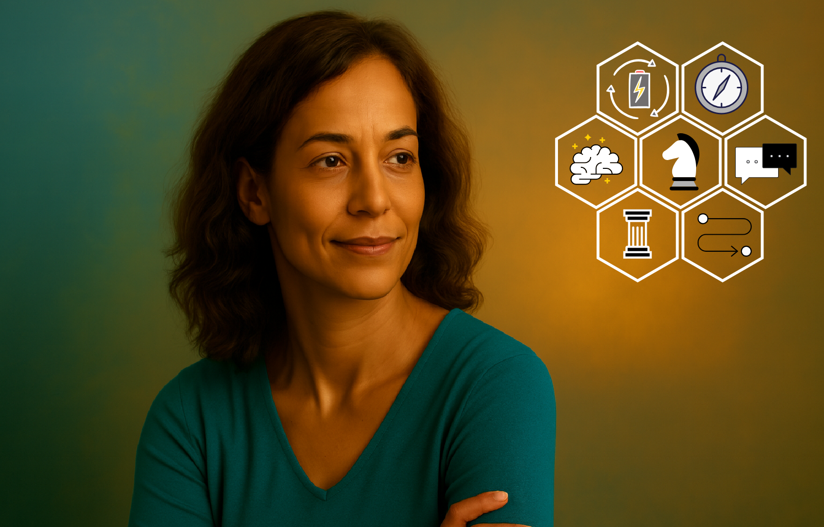 Portrait of a woman beside simple business strategy icons in a hexagon layout.