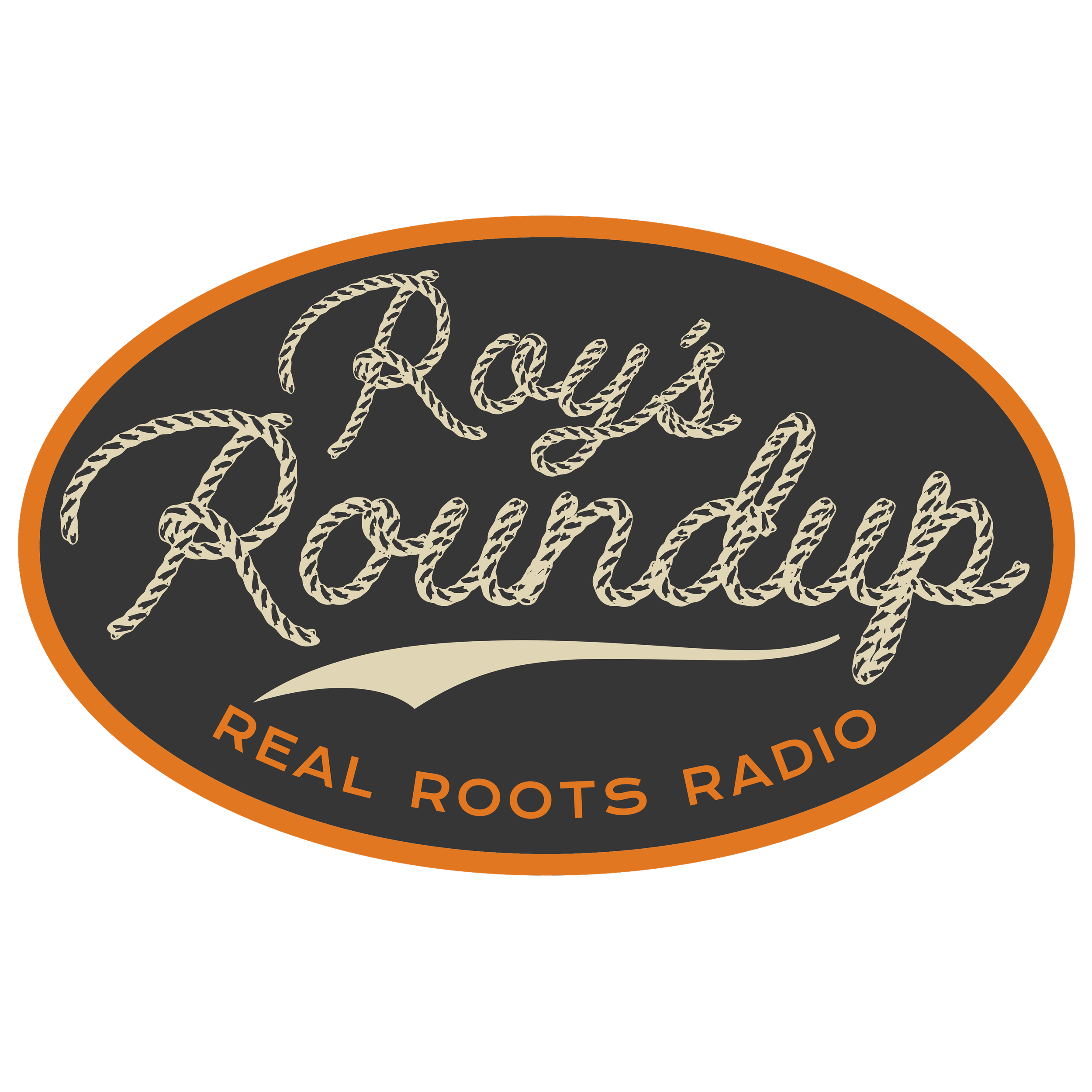 Close-up of a circular logo with orange border, black background, featuring beige cursive rope-style text that reads 'Royal' and 'Real Roots Radio' at the bottom.