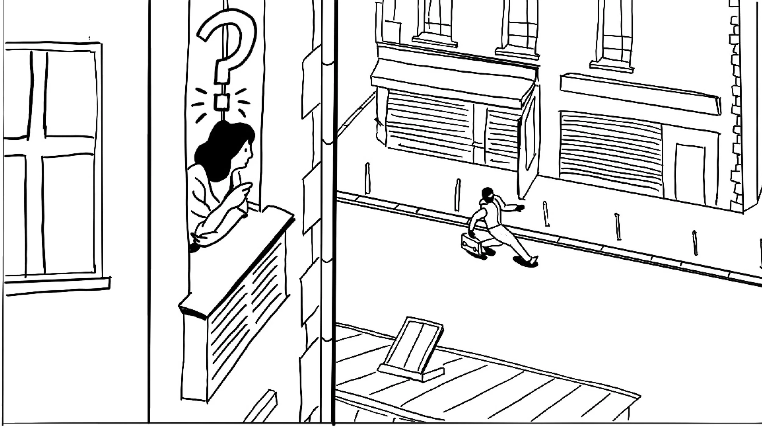 Black and white line drawing of a city street scene with a person crossing the street and a woman on a window ledge.