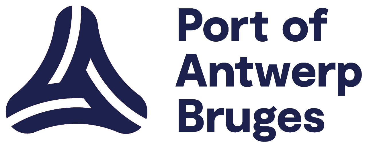 Logo for Port of Antwerp Bruges, with stylized navy blue graphic and text.