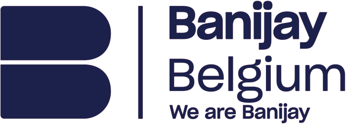 Banijay Belgium logo with stylized B and text that says 'We are Banijay'.