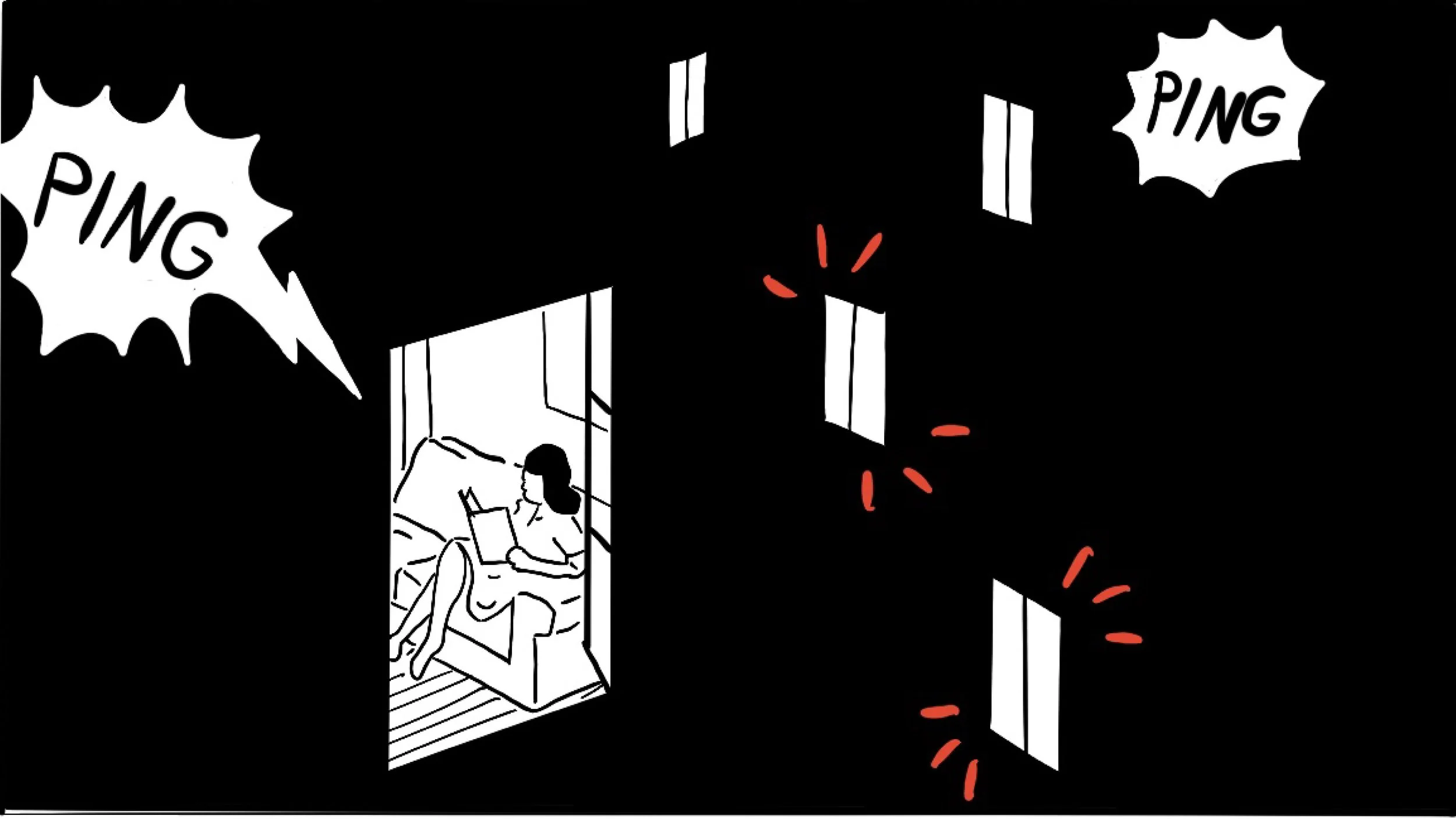 Pink woman sitting on her bed, working on a laptop with windows open and cat on her lap, in a dark room with multiple windows, some with red alert marks and 'PING' sound effects.