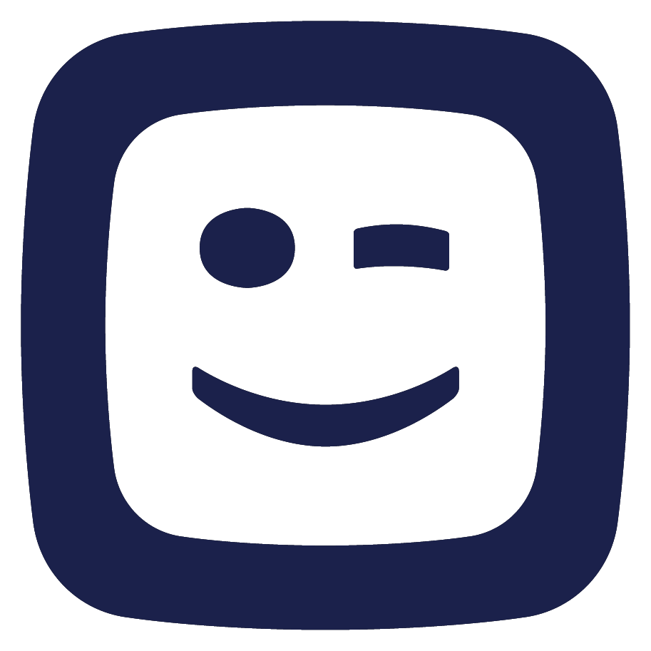 A dark blue icon of a square with rounded edges, featuring a winking smiley face in the center.