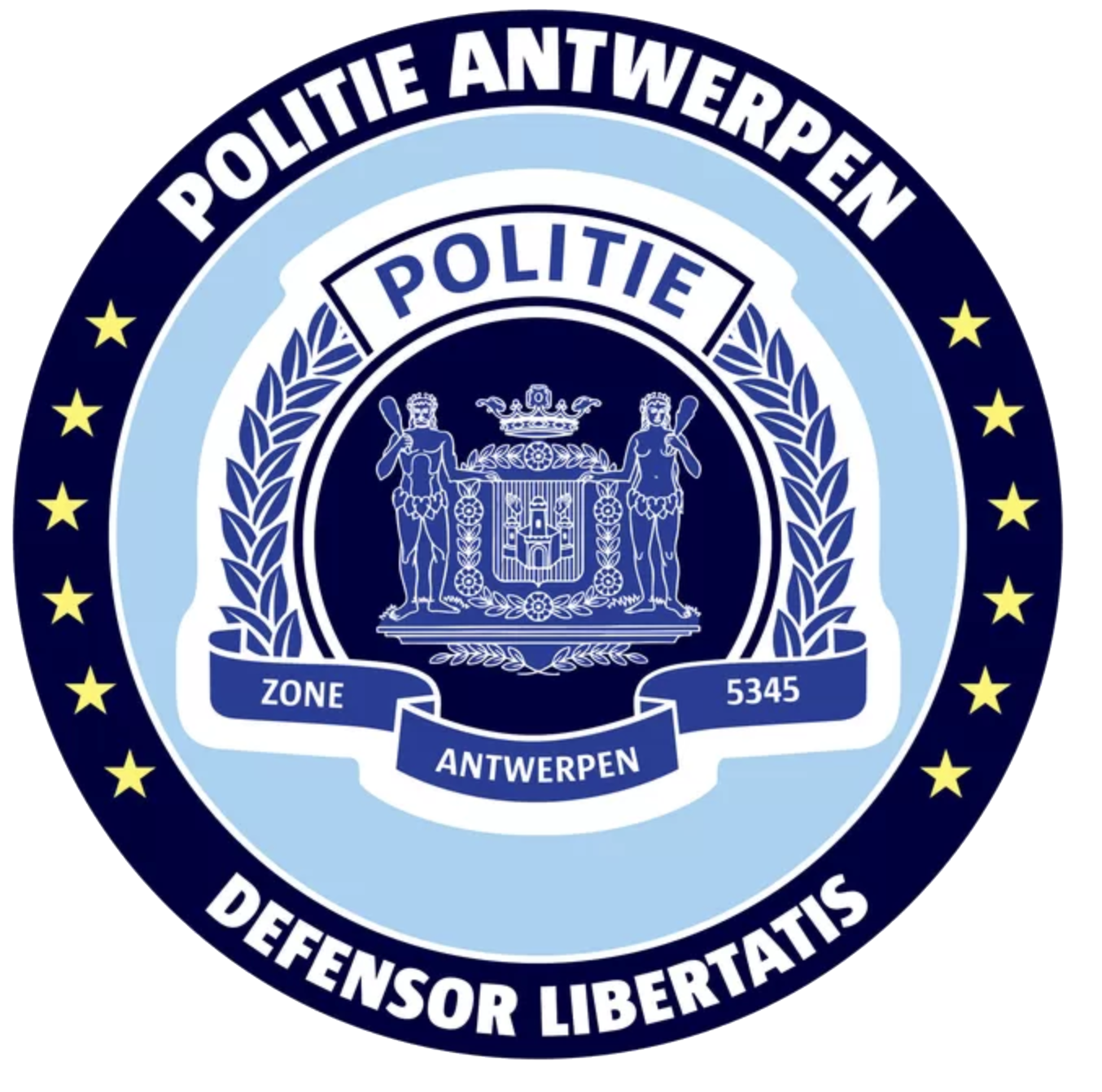 The emblem of the Antwerp police, featuring two figures, a shield, and text in Dutch and Latin, surrounded by a ring with stars.