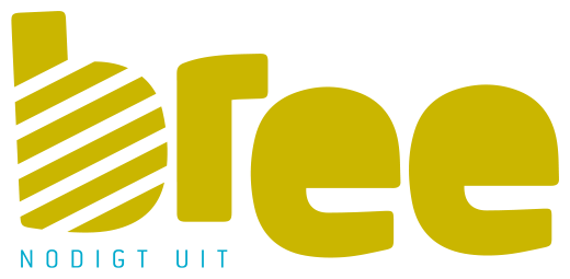 Close-up of a logo with the word 'Bree' in bold yellow-green letters and small blue text below reading 'NODIGT UIT'