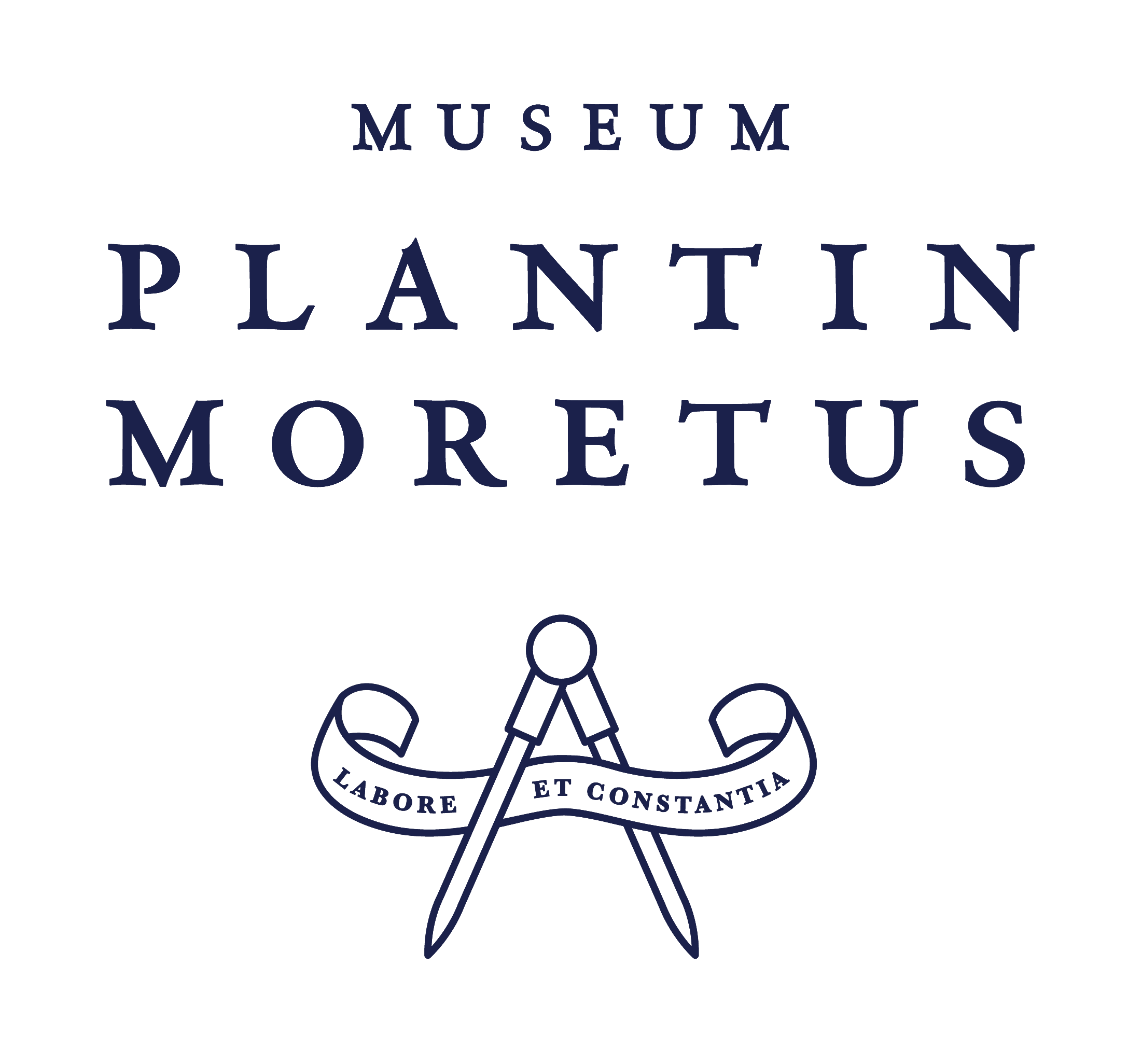Logo for the Museum Plantin Moretus featuring a pair of compasses with a banner reading 'Labore et Constantia' underneath.