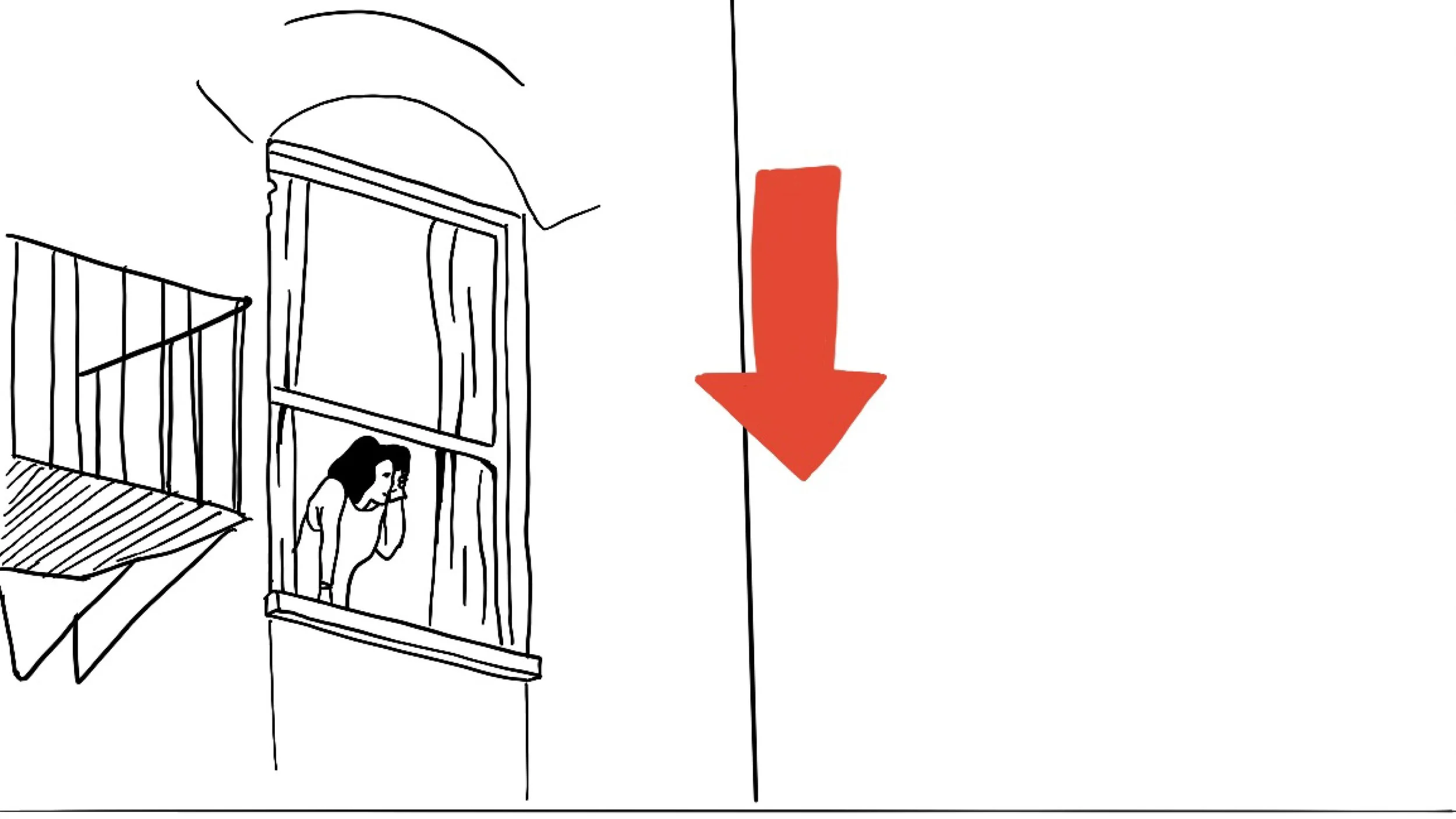 Line drawing of a woman looking out a window with a balcony and curtain, with a large red downward arrow on the right side.