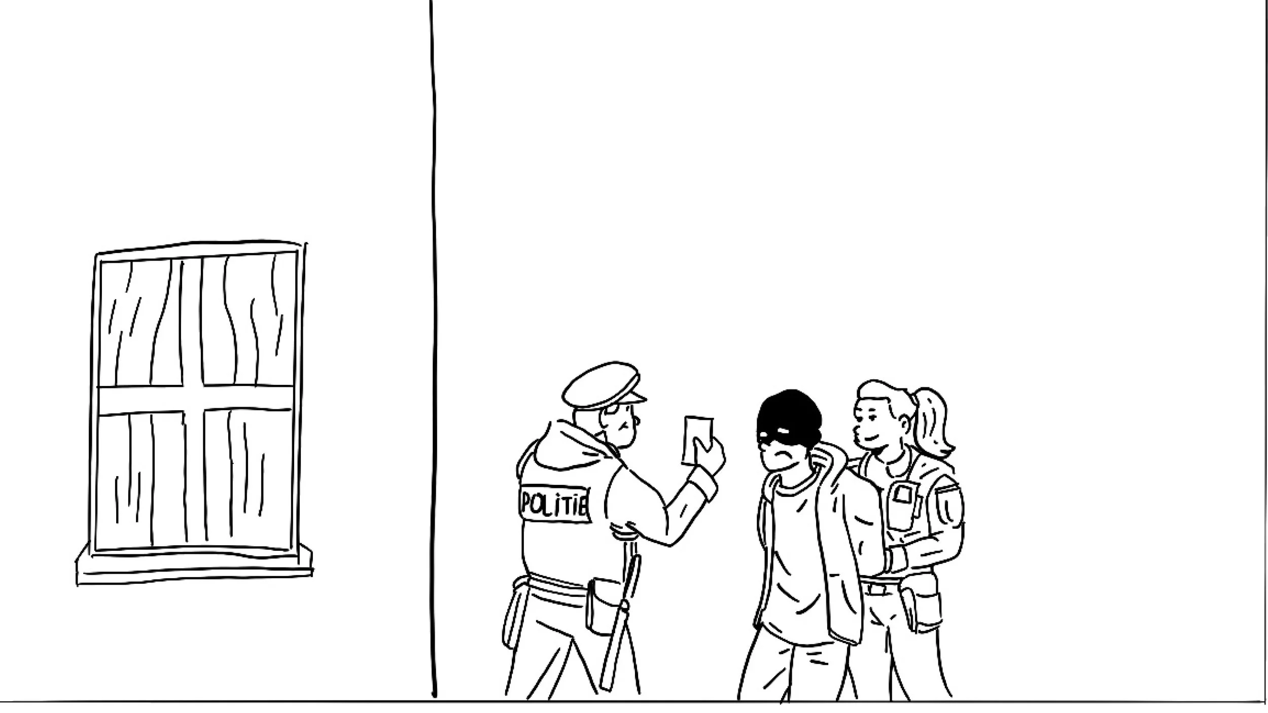 A police officer is interviewing a young person who is wearing a black mask, while a female paramedic stands nearby. The young person appears distressed, and the scene takes place near a window.