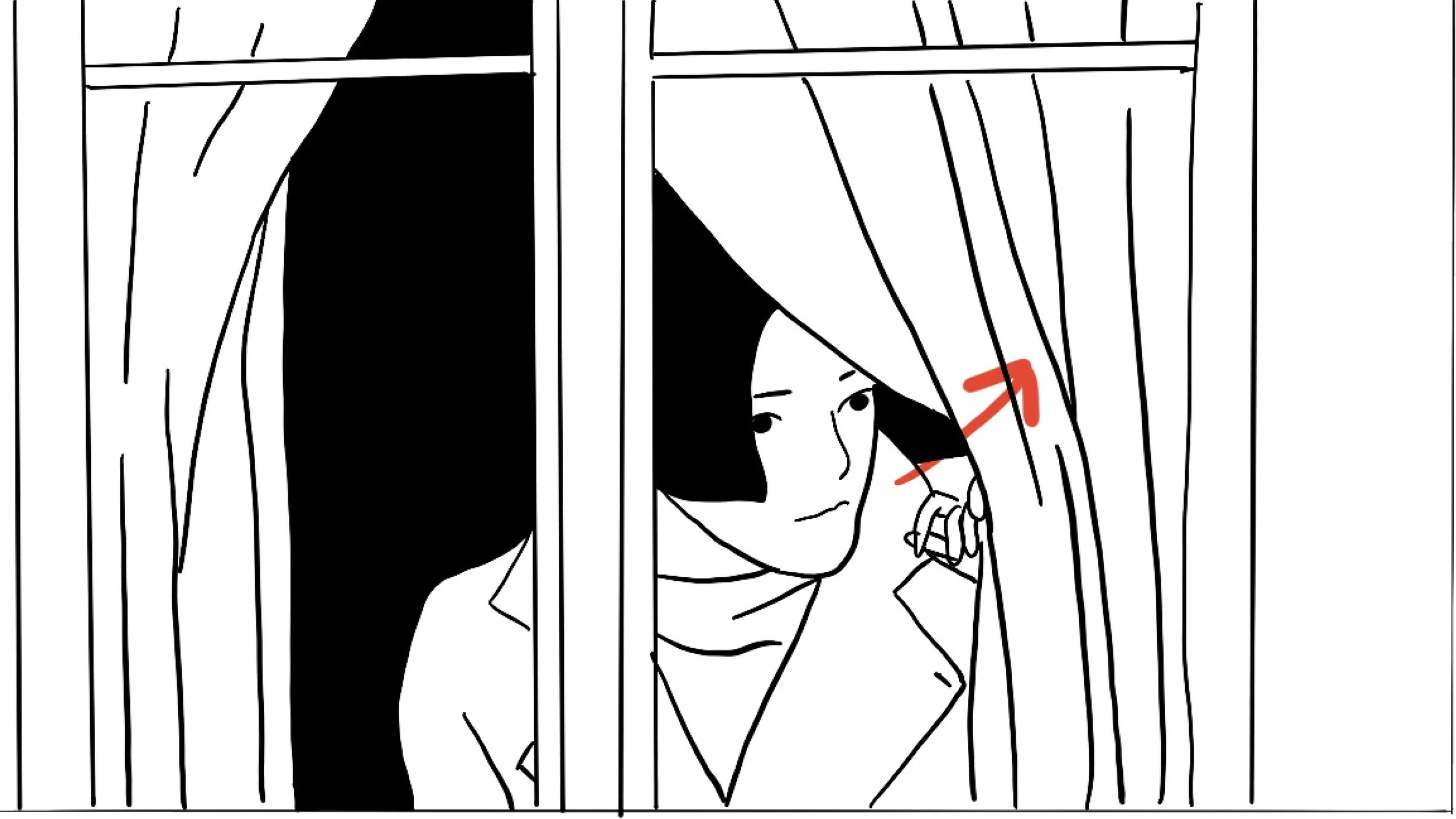 A young woman with short black hair peeking through striped curtains, holding a finger to her lips as if to be quiet.