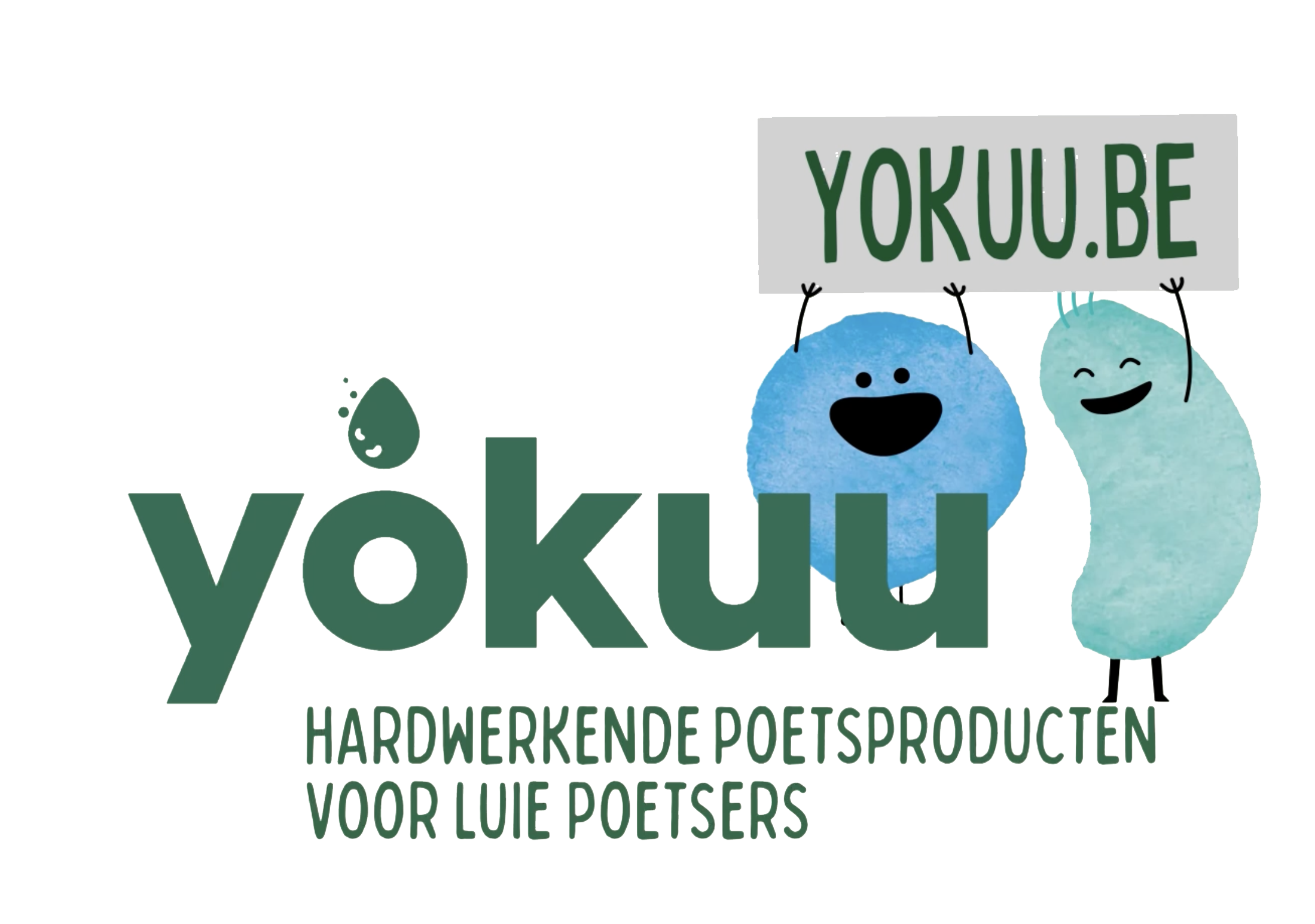 Illustration of two animated watercolor-style characters holding a sign with the text "YOKUU.BE". The characters are smiling, one blue and one light turquoise, with thin black legs. The text below in Dutch reads "HARDWERKENDE POETSPRODUCTEN VOOR LUIE POETSERS".