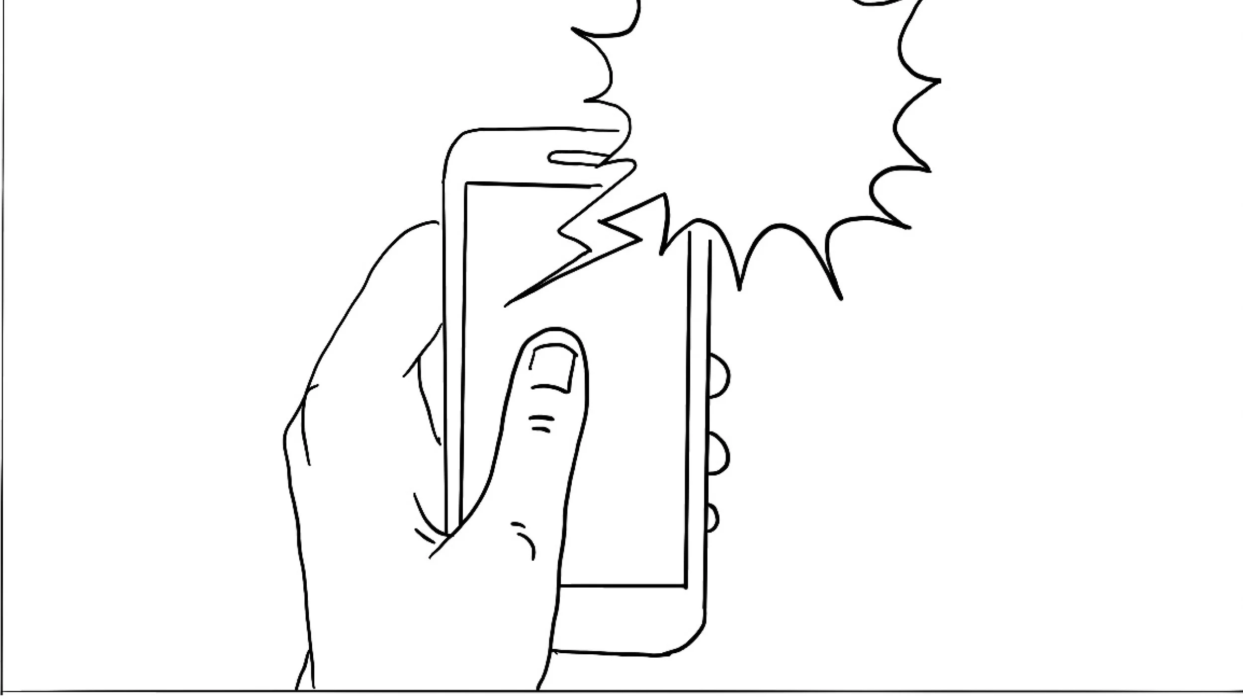 Line drawing of a hand holding a smartphone, with a speech bubble showing a zigzag line indicating a phone call or alert.