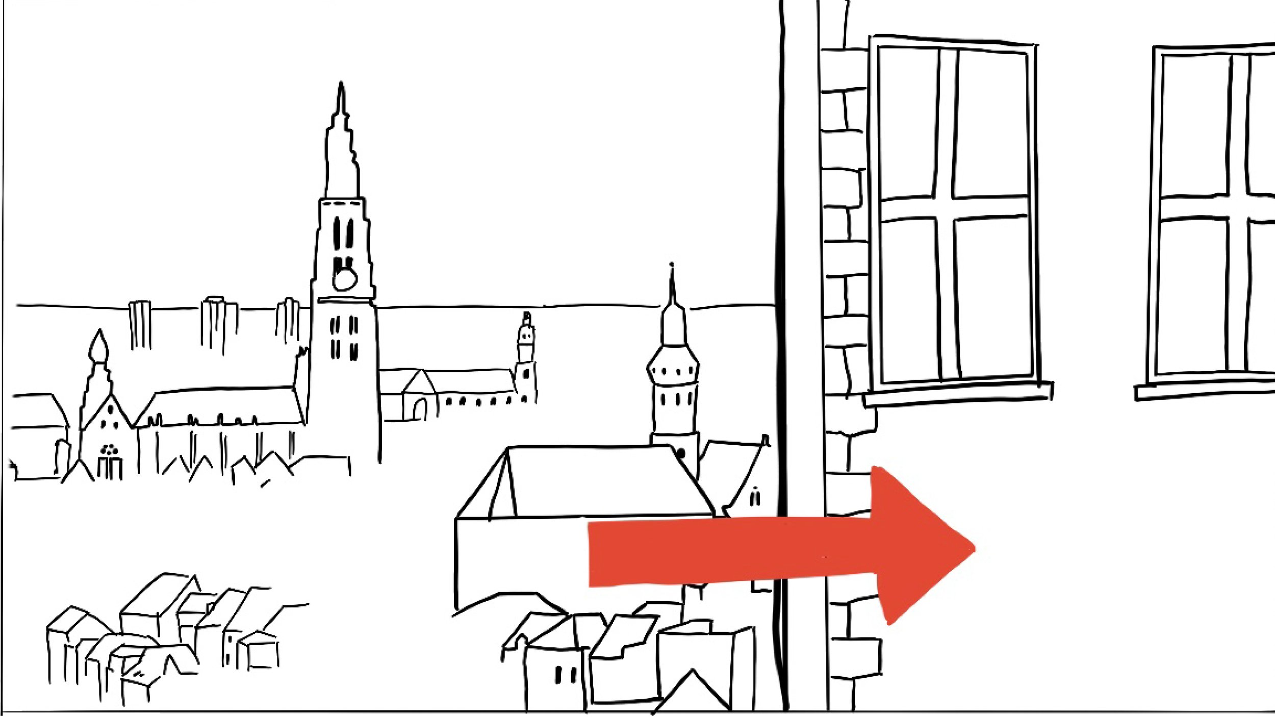 Line drawing of a city skyline with church steeples and towers seen through two windows in a brick building. A large red arrow points to the right.