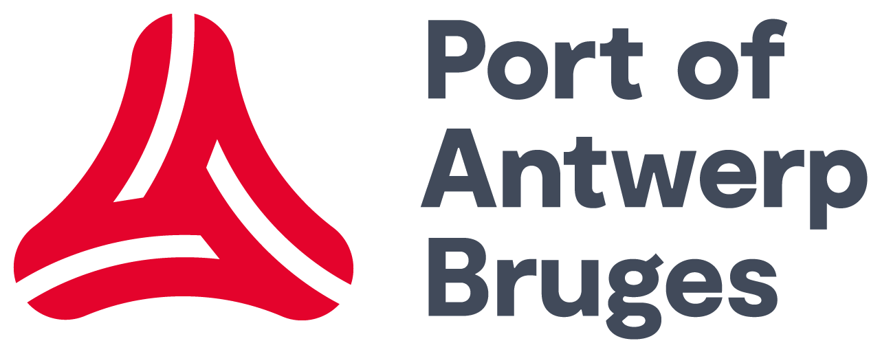 Logo for Port of Antwerp-Bruges featuring a red abstract shape and dark gray text.