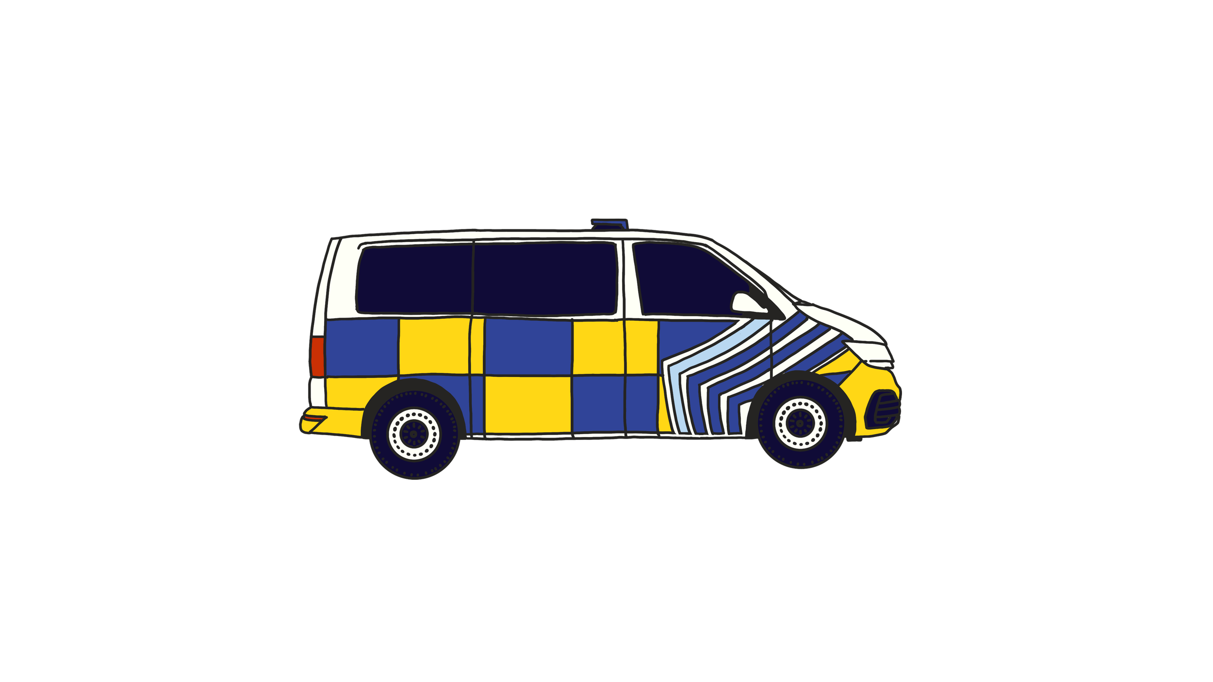 Illustration of a police van with a pattern of yellow and blue checkers and blue and white diagonal lines on the front side, against a black background.