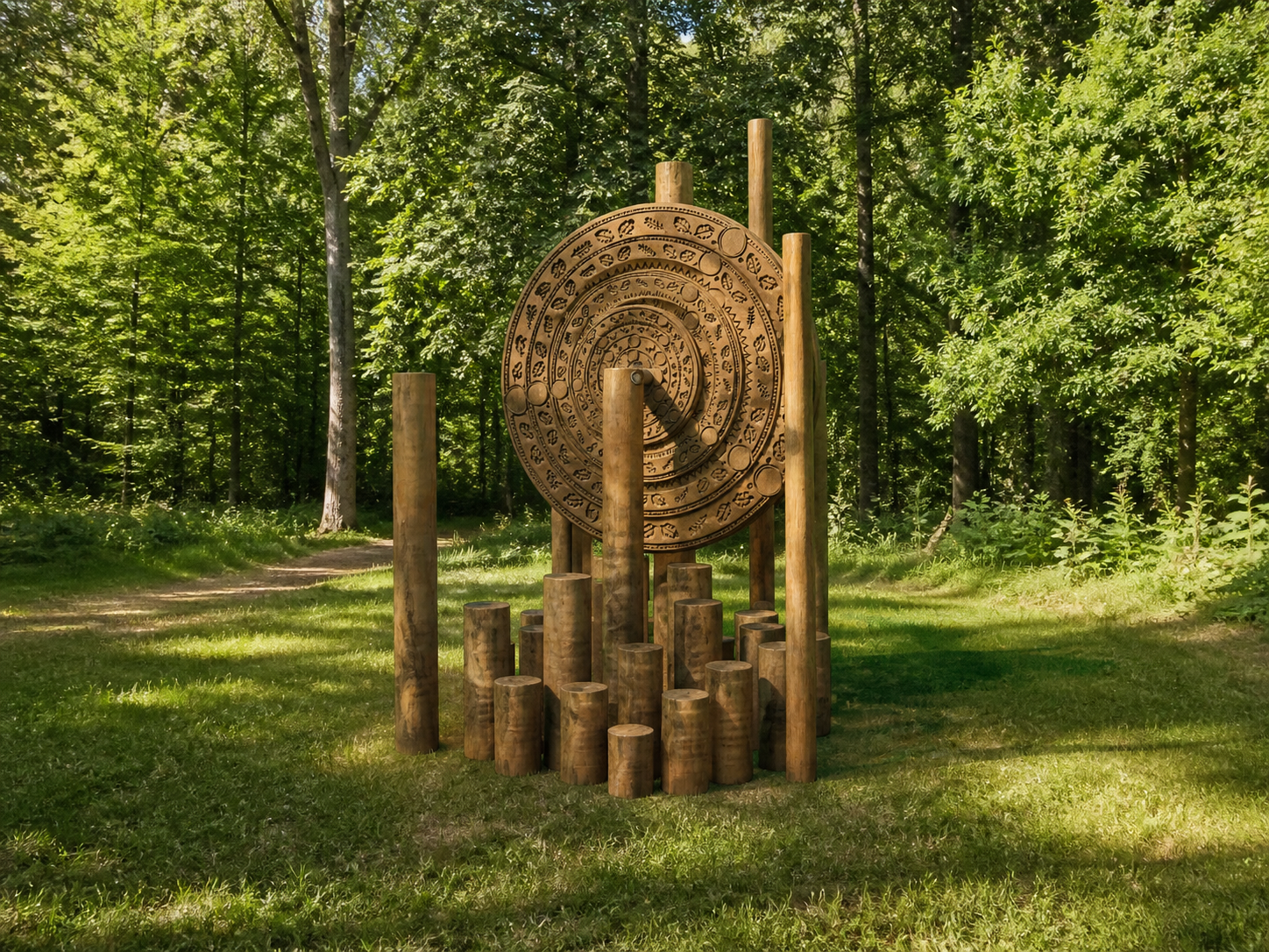 A large circular wooden sculpture with various symbols carved into it, mounted on multiple wooden posts and surrounded by wooden logs, is set amidst a lush green forest with tall trees and a grassy clearing.