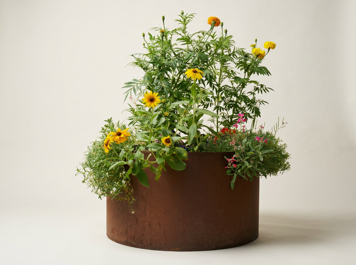 A round, rust-colored planter with various green plants and colorful yellow, orange, and pink flowers against a plain white background.