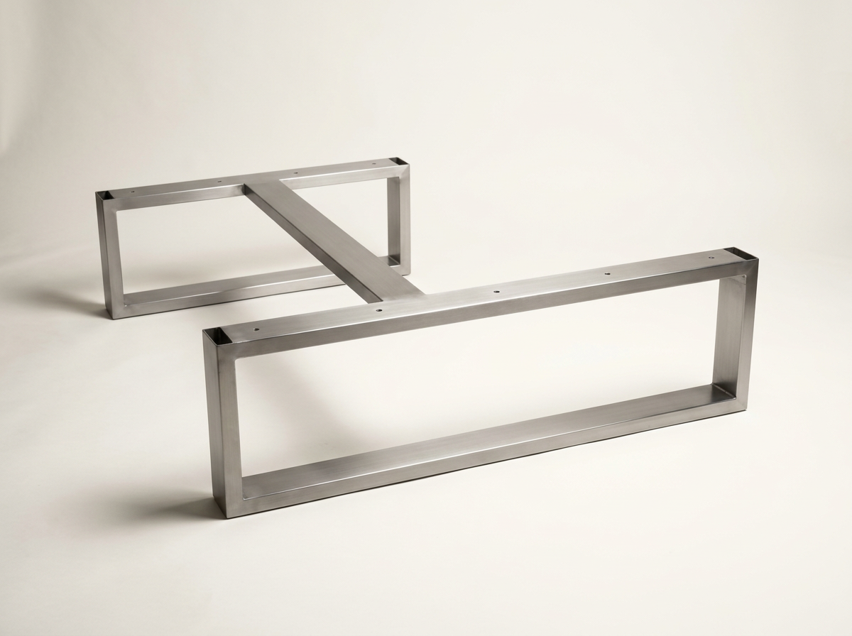 Two rectangular metal desk frames on a white background.