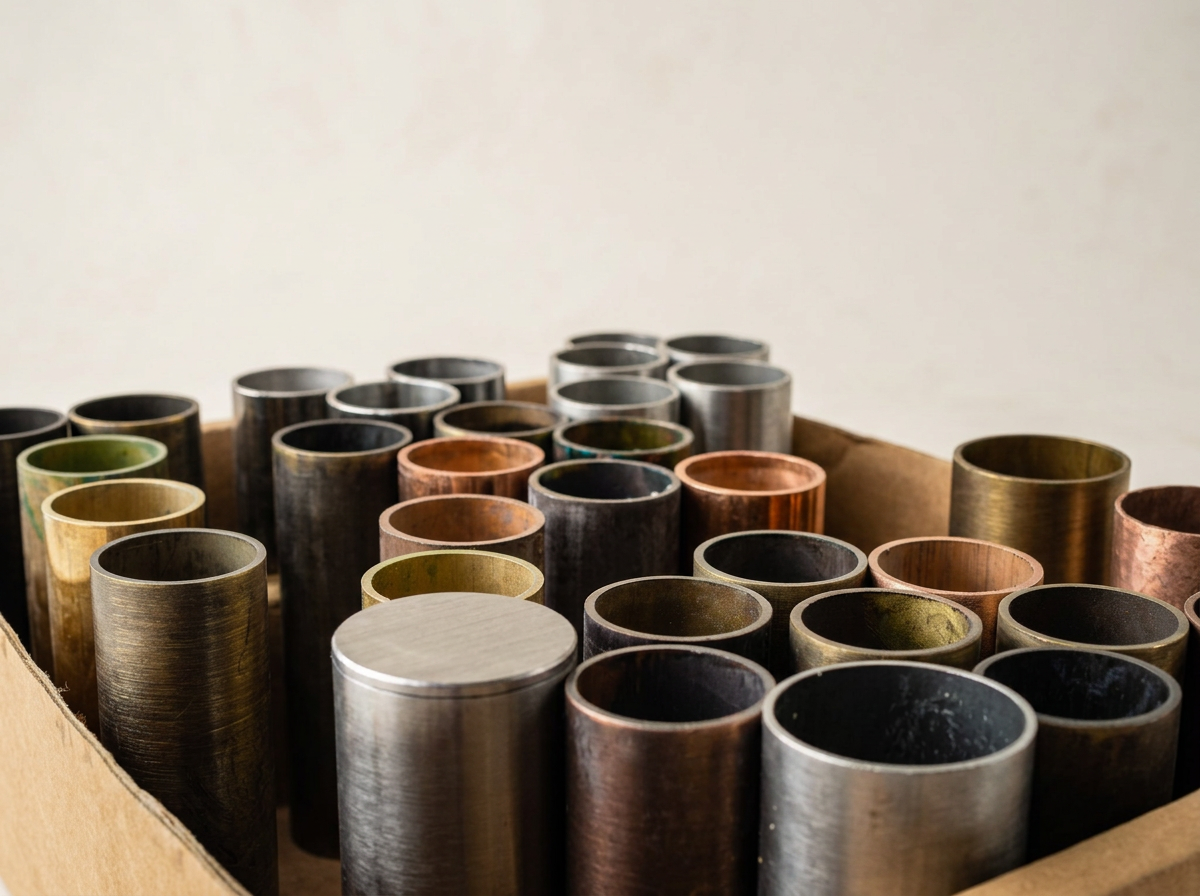 A cardboard box filled with various metal tubes in different colors and sizes.